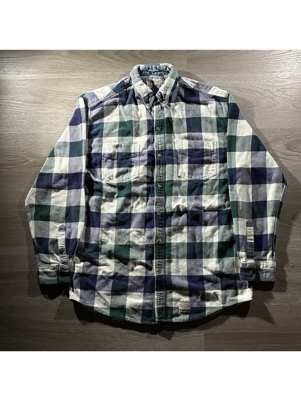 Vintage County Seat Heavy Flannel Shirt Mens L Block Plaid Navy Green Hong Kong